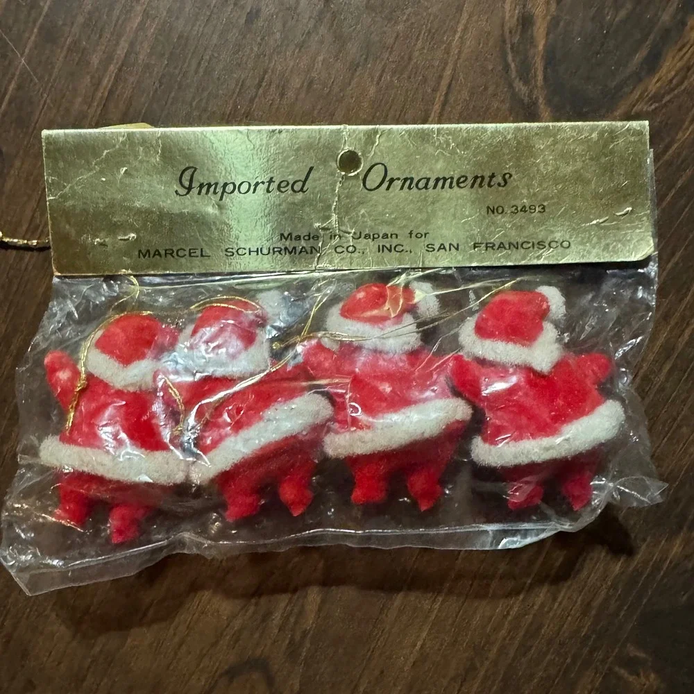 Vintage Flocked Santa Ornaments Set of 4 Marcel Schurman Made in Japan No 3493